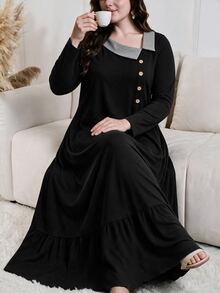 Lacomfia Plus Size Women Black Contrast Lapel Collar Button Placket Long Sleeve Ruffle Hem Loose A Line Dress Fall Halloween Casual Loungewear Home Dress - Black - View 3