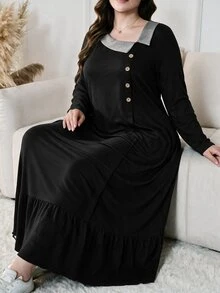 Lacomfia Plus Size Women Black Contrast Lapel Collar Button Placket Long Sleeve Ruffle Hem Loose A Line Dress Fall Halloween Casual Loungewear Home Dress - Black - View 6