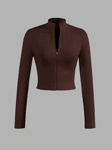 Slaydiva Women's Casual Basic Zip-Up V-Neck Long Sleeve Tight Fit Jacket - E In Fall/Winter - Rust Brown - View 1