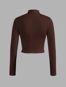 Slaydiva Women's Casual Basic Zip-Up V-Neck Long Sleeve Tight Fit Jacket - E In Fall/Winter - Rust Brown - View 4