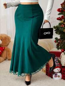 Elenzga Plus Size Women's Elegant High Waist Stretch Lace Patchwork Mermaid Skirt Fall - Dark Green - View 4