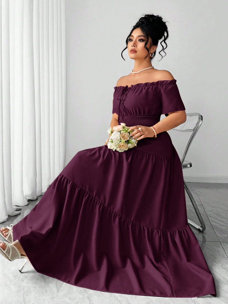 SHEIN Clasi Plus Size Women's Spring/Summer Exquisite Elegant Elastic Off-Shoulder Waist-Cinched Patchwork Short Sleeve Dress - Purple - View 7