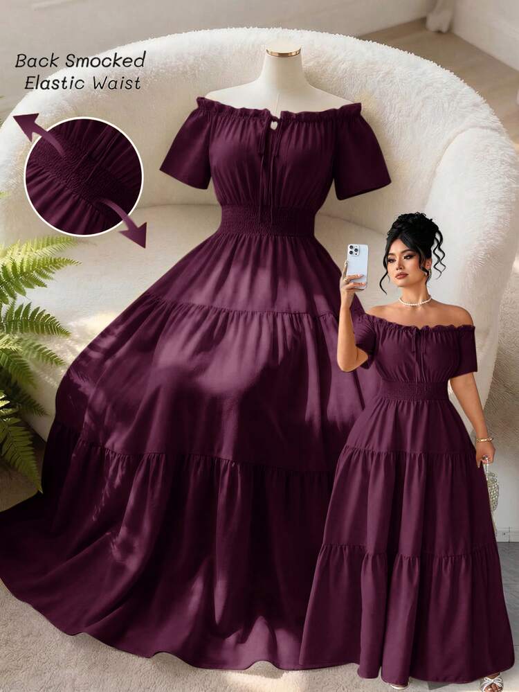 SHEIN Clasi Plus Size Women's Spring/Summer Exquisite Elegant Elastic Off-Shoulder Waist-Cinched Patchwork Short Sleeve Dress - Purple - View 4