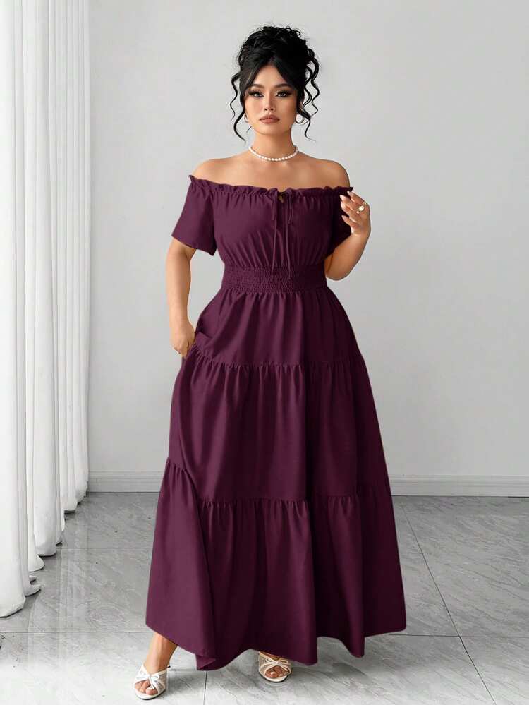 SHEIN Clasi Plus Size Women's Spring/Summer Exquisite Elegant Elastic Off-Shoulder Waist-Cinched Patchwork Short Sleeve Dress - Purple - View 5