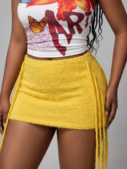 Slaydiva Women's Yellow Summer Sweet& Crochet Fringe Mini Skirt,Bohemian Ibiza Style Music Festival Party Wear,Club Night,Day Party Pool Beach Wear