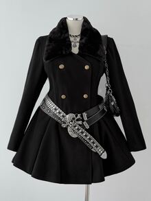 Sunspun Plus Size White Wool Blend Waist-Cinching Coat With Fur Trim Cuffs, Early Autumn Winter - Black - View 5