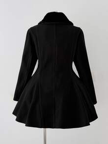 Sunspun Plus Size White Wool Blend Waist-Cinching Coat With Fur Trim Cuffs, Early Autumn Winter - Black - View 2