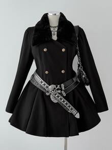 Sunspun Plus Size White Wool Blend Waist-Cinching Coat With Fur Trim Cuffs, Early Autumn Winter - Black - View 4