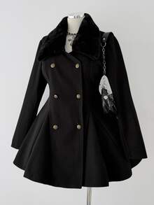 Sunspun Plus Size White Wool Blend Waist-Cinching Coat With Fur Trim Cuffs, Early Autumn Winter - Black - View 3