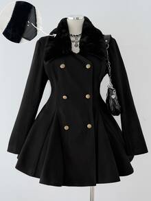 Sunspun Plus Size White Wool Blend Waist-Cinching Coat With Fur Trim Cuffs, Early Autumn Winter - Black - View 7