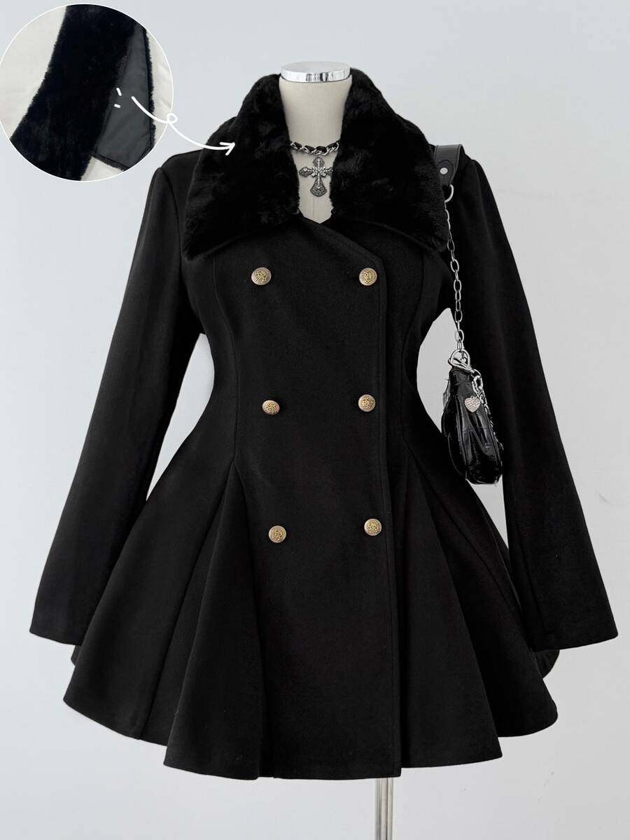 Sunspun Plus Size White Wool Blend Waist-Cinching Coat With Fur Trim Cuffs, Early Autumn Winter - Black - View 1
