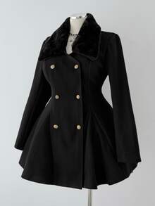 Sunspun Plus Size White Wool Blend Waist-Cinching Coat With Fur Trim Cuffs, Early Autumn Winter - Black - View 8