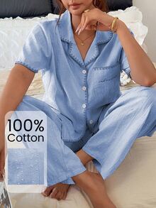 Napfluff Set Pakaian Santai 100% Katun dengan Atasan Lengan Pendek Berkerah dengan Trim Kulit Kerang Tekstur Krem + Celana Panjang Kasual Ungu Taro - Biru - View 3