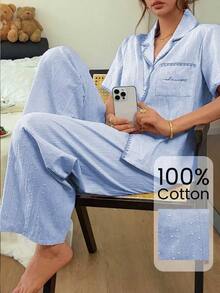 Napfluff Set Pakaian Santai 100% Katun dengan Atasan Lengan Pendek Berkerah dengan Trim Kulit Kerang Tekstur Krem + Celana Panjang Kasual Ungu Taro - Biru - View 5