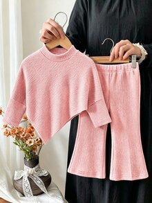 SHEIN Playful Pals 女嬰春/秋/冬休閒家庭套裝牛仔女孩T恤套裝，高領灰粉色長袖上衣，喇叭褲，2件套 - 粉色 - 查看 3
