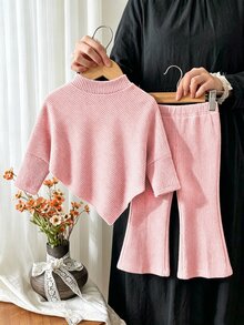 SHEIN Playful Pals 女嬰春/秋/冬休閒家庭套裝牛仔女孩T恤套裝，高領灰粉色長袖上衣，喇叭褲，2件套 - 粉色 - 查看 2