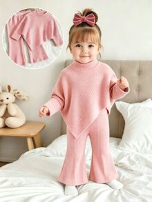 SHEIN Playful Pals 女嬰春/秋/冬休閒家庭套裝牛仔女孩T恤套裝，高領灰粉色長袖上衣，喇叭褲，2件套 - 粉色 - 查看 1