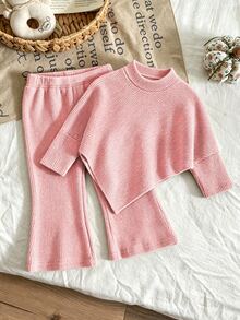 SHEIN Playful Pals 女嬰春/秋/冬休閒家庭套裝牛仔女孩T恤套裝，高領灰粉色長袖上衣，喇叭褲，2件套 - 粉色 - 查看 6