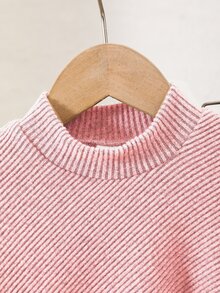 SHEIN Playful Pals 女嬰春/秋/冬休閒家庭套裝牛仔女孩T恤套裝，高領灰粉色長袖上衣，喇叭褲，2件套 - 粉色 - 查看 4