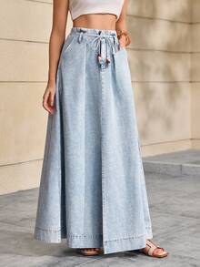 Selenza Plus Size Fashion Versatile Pocket Tie Front Slit Denim Midi Skirt - Blue - View 10