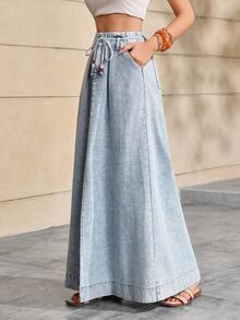Selenza Plus Size Fashion Versatile Pocket Tie Front Slit Denim Midi Skirt - Blue - View 11
