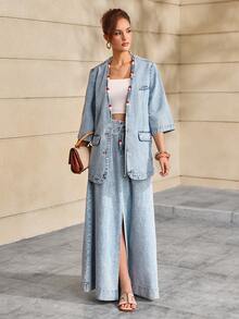 Selenza Plus Size Fashion Versatile Pocket Tie Front Slit Denim Midi Skirt - Blue - View 3