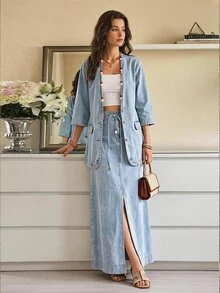 Selenza Plus Size Fashion Versatile Pocket Tie Front Slit Denim Midi Skirt - Blue - View 2