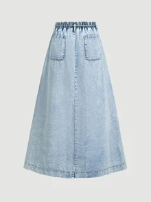 Selenza Plus Size Fashion Versatile Pocket Tie Front Slit Denim Midi Skirt - Blue - View 6
