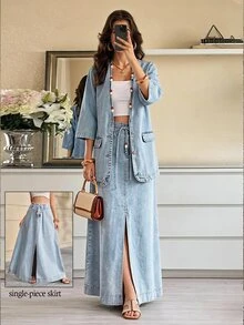 Selenza Plus Size Fashion Versatile Pocket Tie Front Slit Denim Midi Skirt - Blue - View 9
