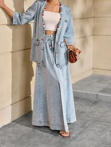 Selenza Plus Size Fashion Versatile Pocket Tie Front Slit Denim Midi Skirt - Blue - View 12