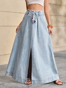 Selenza Plus Size Fashion Versatile Pocket Tie Front Slit Denim Midi Skirt - Blue - View 13
