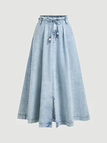 Selenza Plus Size Fashion Versatile Pocket Tie Front Slit Denim Midi Skirt - Blue - View 5