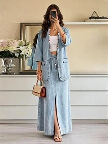 Selenza Plus Size Fashion Versatile Pocket Tie Front Slit Denim Midi Skirt - Blue - View 1