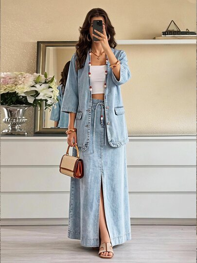 Selenza Rok Midi Denim Belahan Depan dengan Saku dan Tali Ikat Serbaguna untuk Ukuran Plus
