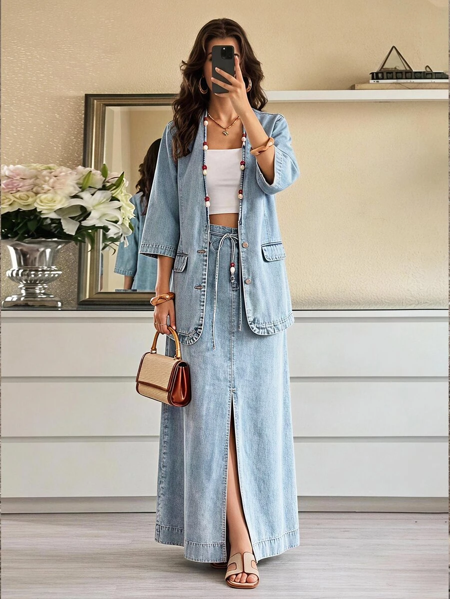 Selenza Plus Size Fashion Versatile Pocket Tie Front Slit Denim Midi Skirt - Blue - View 1