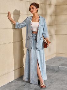 Selenza Plus Size Fashion Versatile Pocket Tie Front Slit Denim Midi Skirt - Blue - View 4