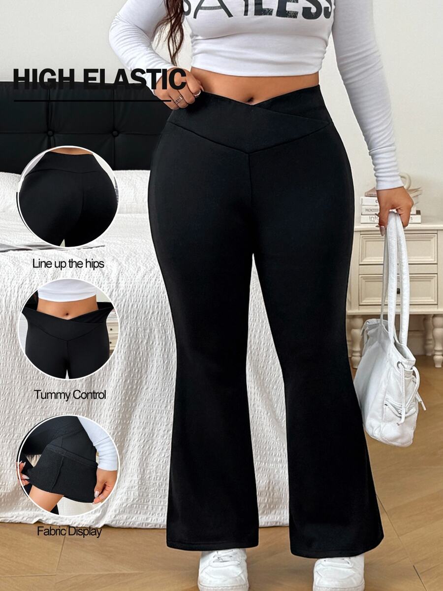 SHEIN EZwear 大尺碼純色度假風交叉腰喇叭褲,適合旅行穿著 - 黑色 - 查看 1