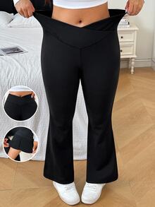 SHEIN EZwear 大尺碼純色度假風交叉腰喇叭褲，適合旅行穿著 - 黑色 - 查看 7