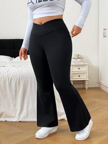 SHEIN EZwear 大尺碼純色度假風交叉腰喇叭褲，適合旅行穿著 - 黑色 - 查看 6