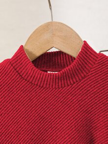 SHEIN Playful Pals 嬰兒女童春秋冬季休閒T恤套裝，不對稱設計套頭高領針織羅紋刷毛布料卡其色純色長袖T恤上衣，搭配卡其色休閒喇叭長褲，2件套，適合春秋冬季，可愛童趣簡約舒適，適用外出、度假與派對 - 紅色 - 查看 4