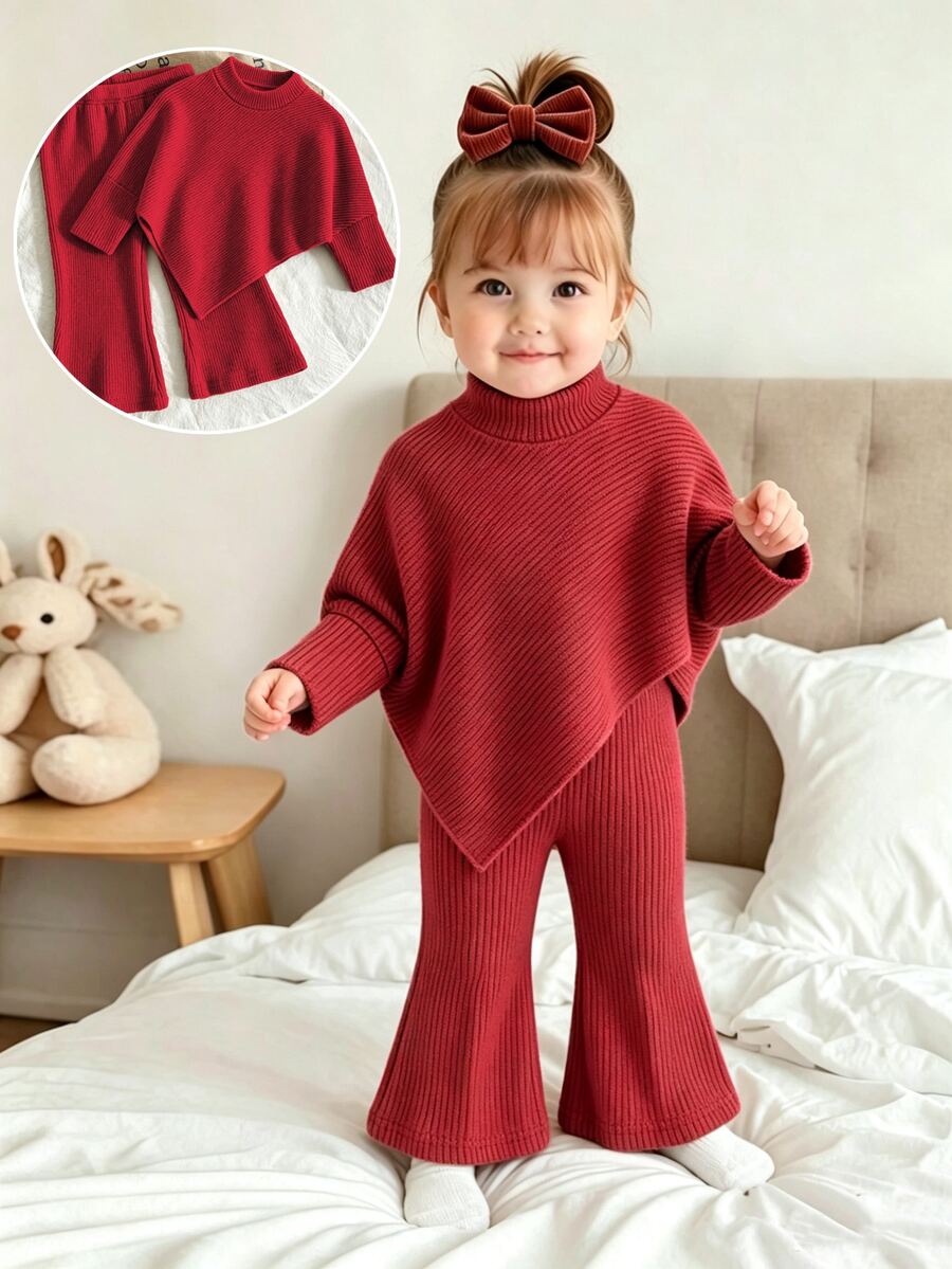SHEIN Playful Pals 嬰兒女童春秋冬季休閒T恤套裝,不對稱設計套頭高領針織羅紋刷毛布料卡其色純色長袖T恤上衣,搭配卡其色休閒喇叭長褲,2件套,適合春秋冬季,可愛童趣簡約舒適,適用外出、度假與派對 - 紅色 - 查看 1