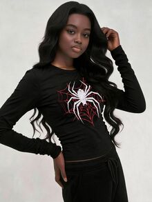 SHEIN تي شيرت كاجوال متعدد الاستخدامات للفتيات المراهقات، أسود مطبوع بنمط تصميم، أكمام طويلة، مناسب للربيع والخريف، مناسب للارتداء اليومي والتنقل والسفر والتجمعات - الأسود - مشاهدة 6