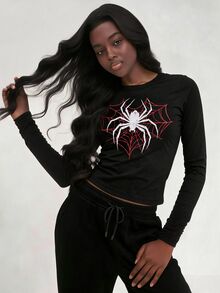 SHEIN تي شيرت كاجوال متعدد الاستخدامات للفتيات المراهقات، أسود مطبوع بنمط تصميم، أكمام طويلة، مناسب للربيع والخريف، مناسب للارتداء اليومي والتنقل والسفر والتجمعات - الأسود - مشاهدة 5