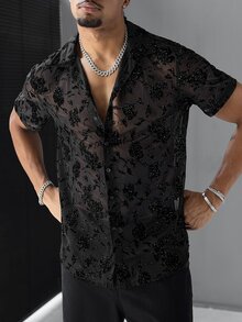 SLATEMANN 男士花卉網格單排扣短袖襯衫 - 黑色 - 查看 3