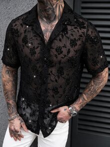 SLATEMANN 男士花卉網格單排扣短袖襯衫 - 黑色 - 查看 4