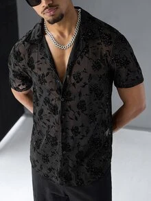 SLATEMANN 男士花卉網格單排扣短袖襯衫 - 黑色 - 查看 5