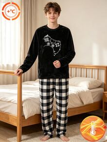 青少年男孩遊戲手把印花長袖圓領絨毛睡衣2件套，內裡刷毛純色長褲，秋冬款柔軟舒適可愛居家睡衣 - 黑與白 - 查看 9