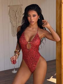 SHEIN Swim Vcay Women's Snake Skin Print Halter One-Piece Swimsuit For Beach Vacation - Multicolor - View 2
