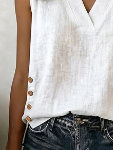 SHEIN Women's White V-Neck Bamboo Linen Contrast Color Wooden Button Slit Sleeveless Tank Top, White Top, Women's Vacation Top, Casual Wear, Holiday Wear, Commute Wear, White Shirt, Country Style, Beach Wear - White - View 8