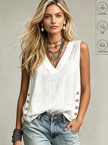 SHEIN Women's White V-Neck Bamboo Linen Contrast Color Wooden Button Slit Sleeveless Tank Top, White Top, Women's Vacation Top, Casual Wear, Holiday Wear, Commute Wear, White Shirt, Country Style, Beach Wear - White - View 3